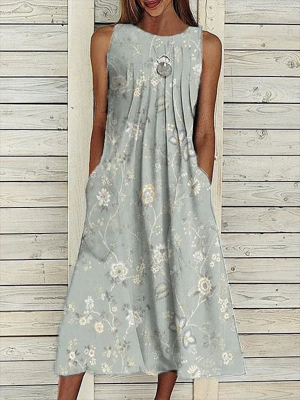 Women's Sleeveless Round Neck Flower Print Casual Pocket Dress