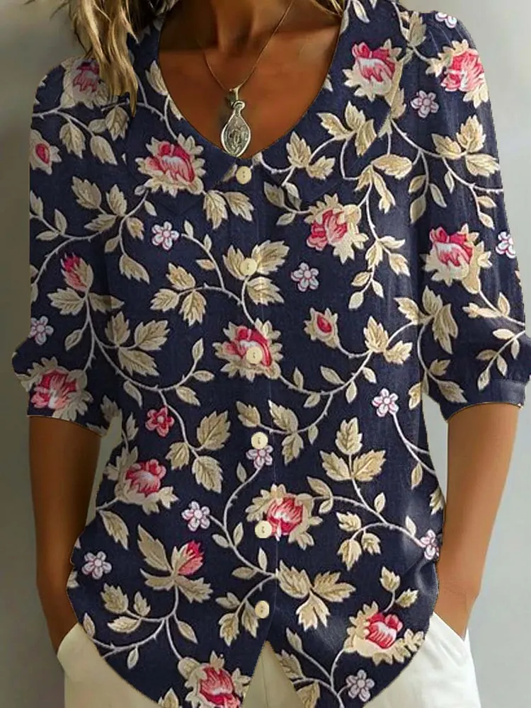 Women's Retro Floral Art Print Casual Stylish Cotton Linen Shirt