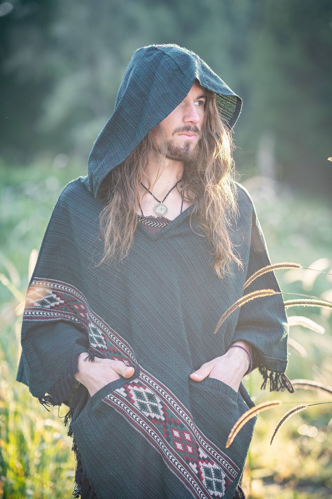 Men's Hooded Poncho Green Cashmere Yak Wool Pockets Tribal Embroidery Celtic Gypsy Alternative Festival Mexican Primitive Large Hood