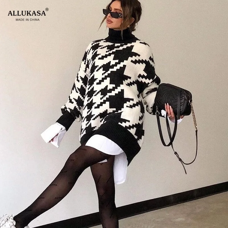 cuello suelto vestido Casual de mujer de punto Jersey largo de gran manga larga  Invierno pata de gallo Jer 2020 top