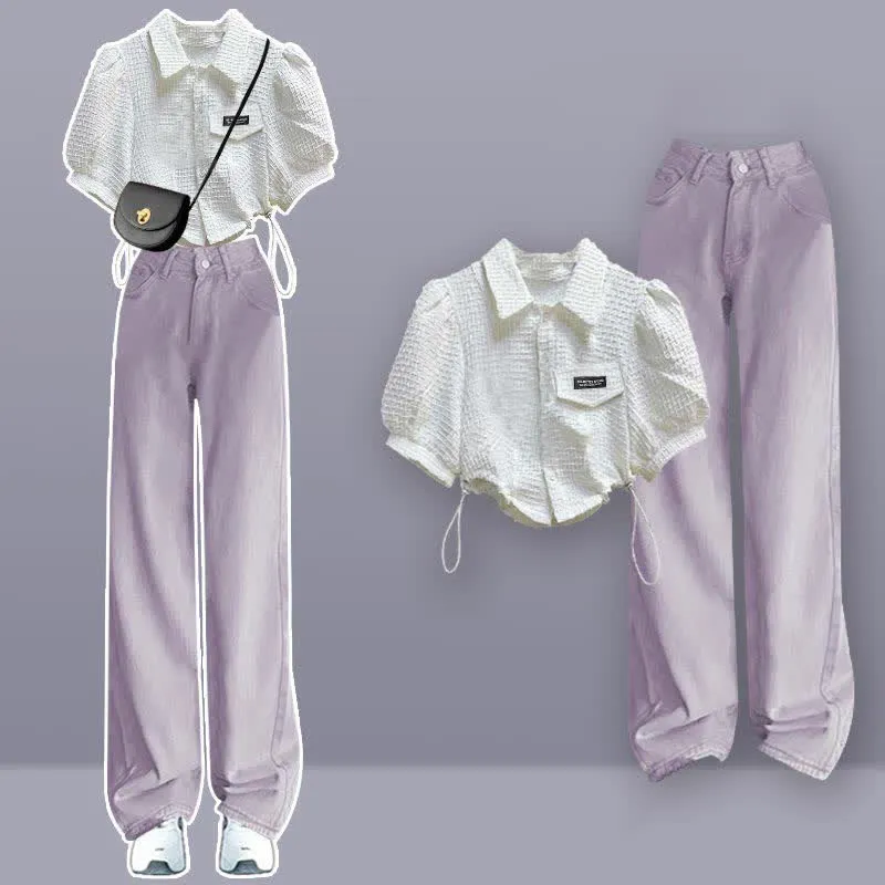 Lapel Puff Seeve Crop T-Shirt Denim Pants Two Pieces Set