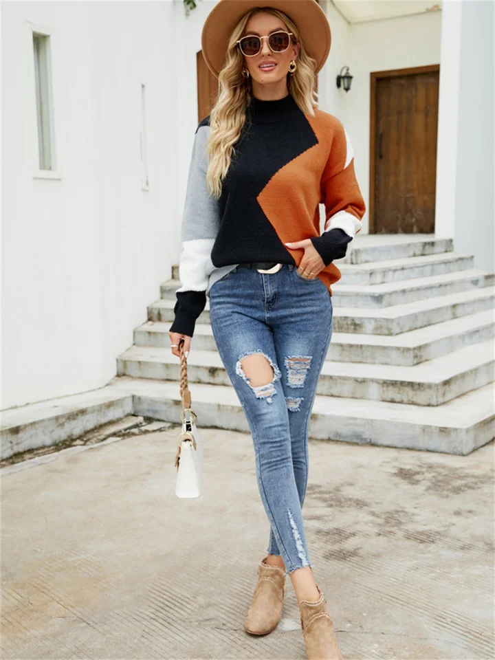 Fashionable Round Neck Splice Bump Color Loose Pullover Half Turtleneck Knit Sweater-Cosfine