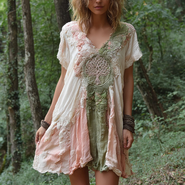 VChics Women's Vintage Viking Tree Of Life Gradient Short Sleeve Dress