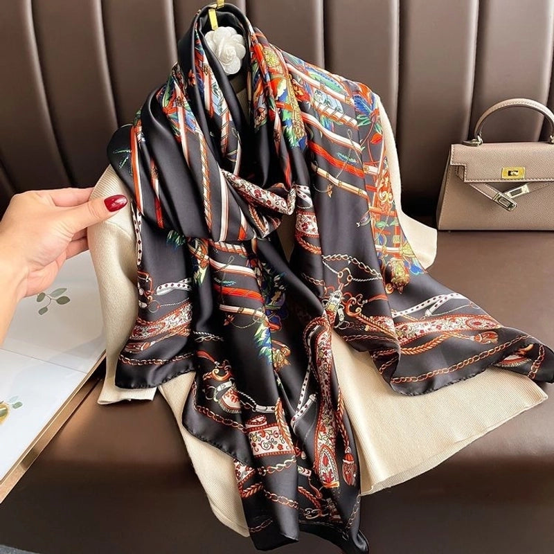 Women’s Fashion Letter Plaid Satin Printing Silk Scarves