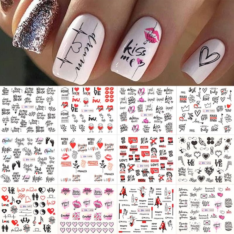 12pcs Valentines Manicures Love Letter Flower Transfer Stickers For Nails Inscriptions Nail Art Decoration Water Sliders Tips