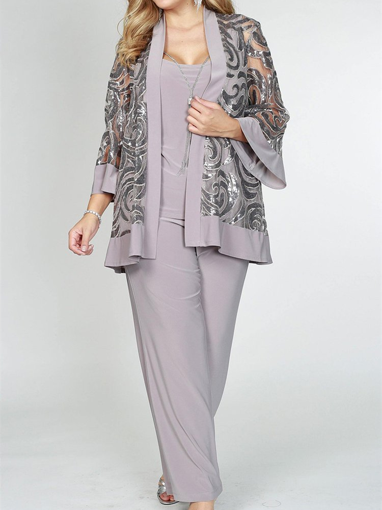 Mother of The Bride Mesh 3/4 Sleeve Formal Three Pieces Set Pant Suits