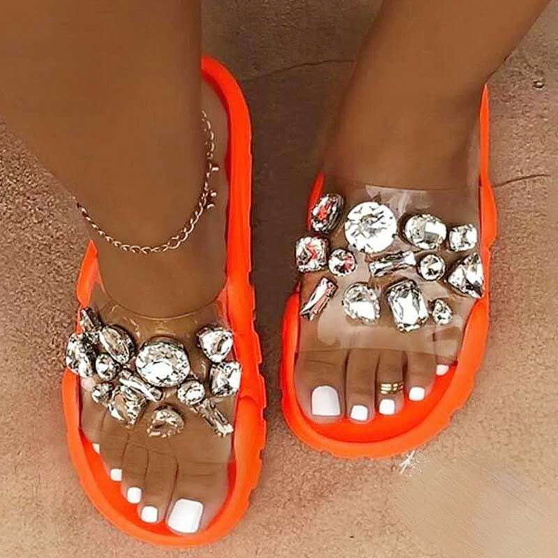 Women's large rhinestone clear one band slides candy color summer cute slides