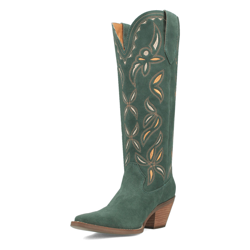 Vegan Suede Snip Toe Embroidered Knee High Cowgirl Boots in Green