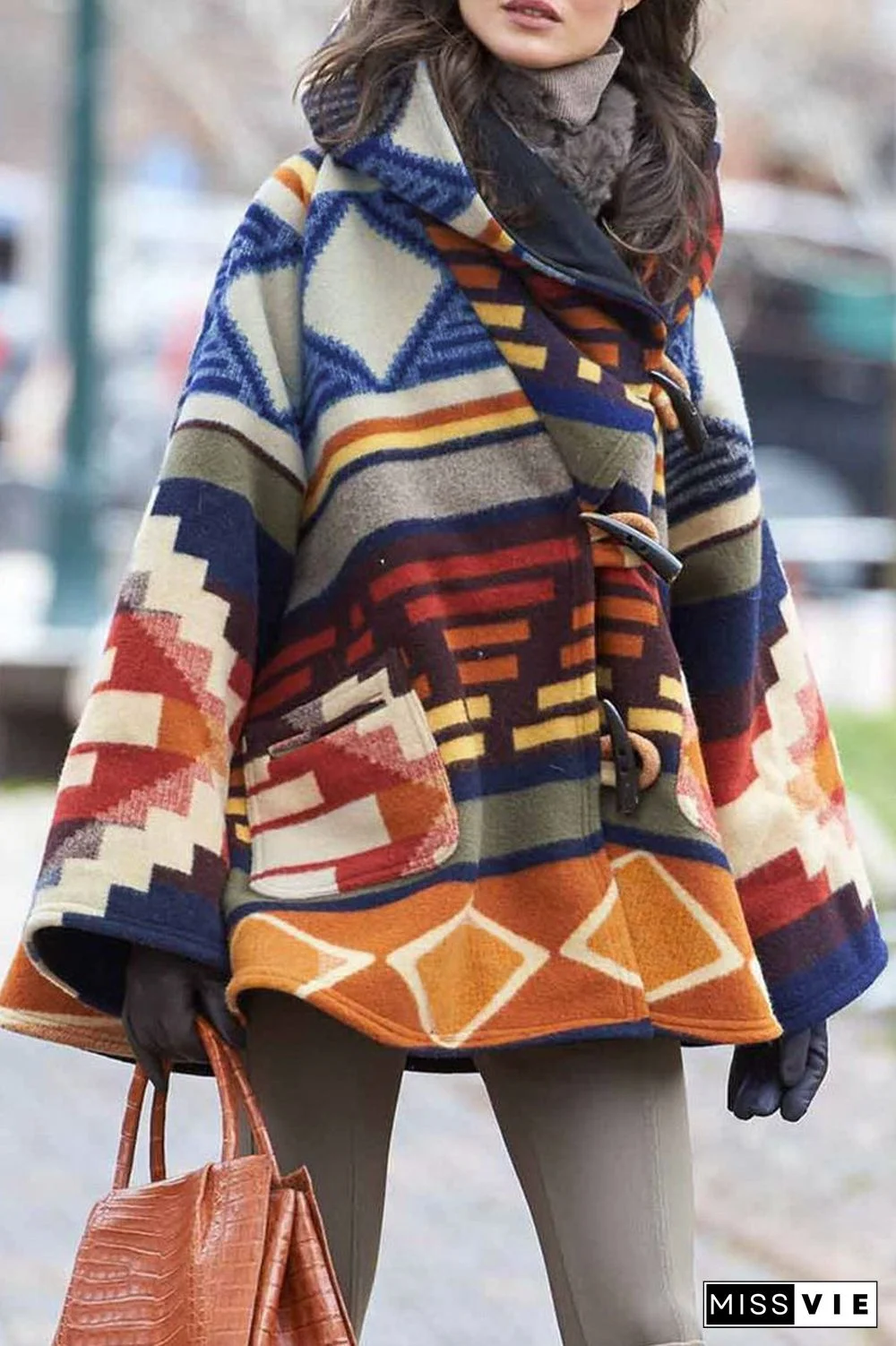 Elegant Geometric Print Patchwork Hooded Collar Outerwear