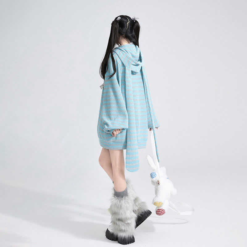 Long Bunny Ears Pocket Oversize Zipper Hooded Sweatshirt