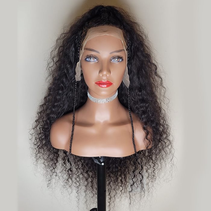 WeQueen 28 Inches Natural Black Afro Poofy Curly Style with Braids 13x4 Lace Frontal Wig 250% Density
