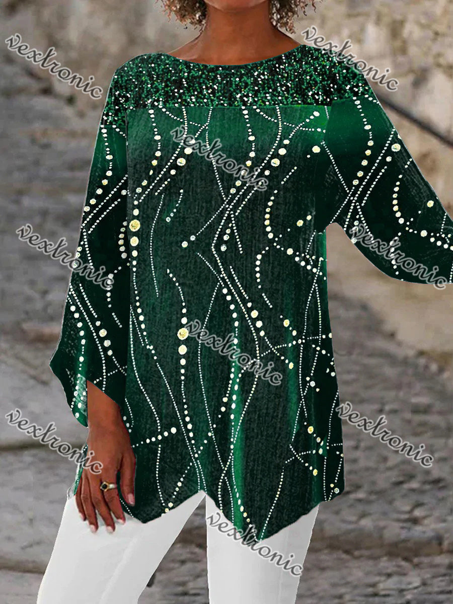 Women 3/4 Sleeve Scoop Neck Printed Stitching Women Tops
