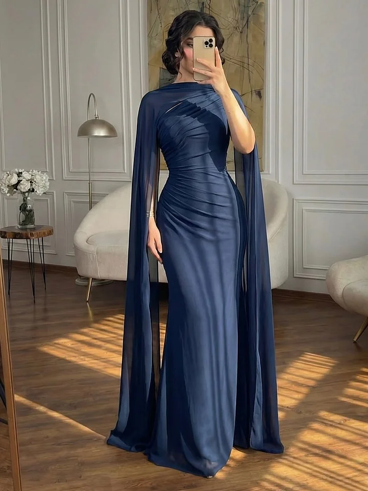 Lussooy Fashionable Asymmetric Dark Navy Sleeveless Pleated Prom Dress With Scarf