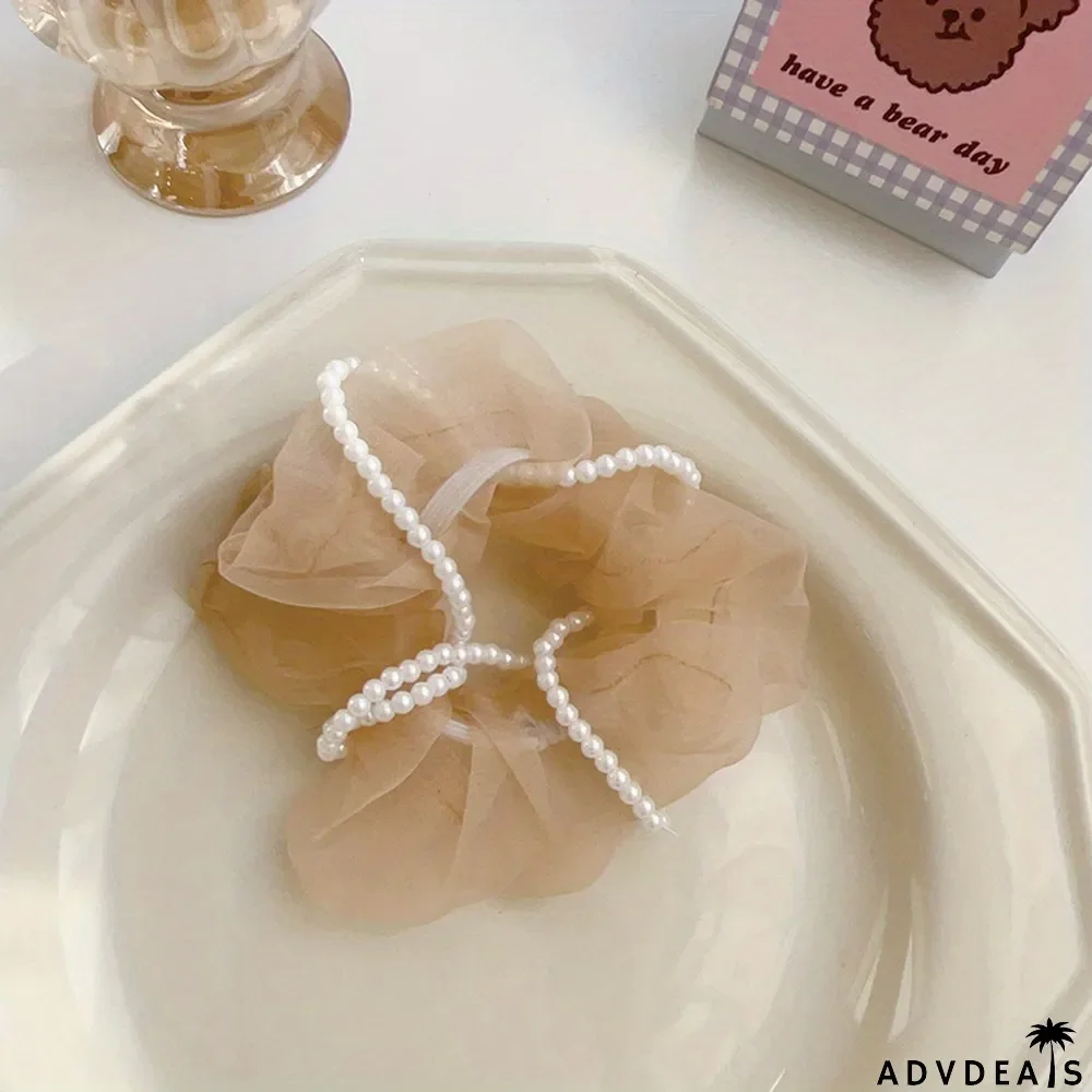 Organza Scrunchies Faux Pearl Chain Twisted Hair Rope Simple Style Hair Ring Elegant Ponytail Holder Hair Tie Women Girls Hair Accessories