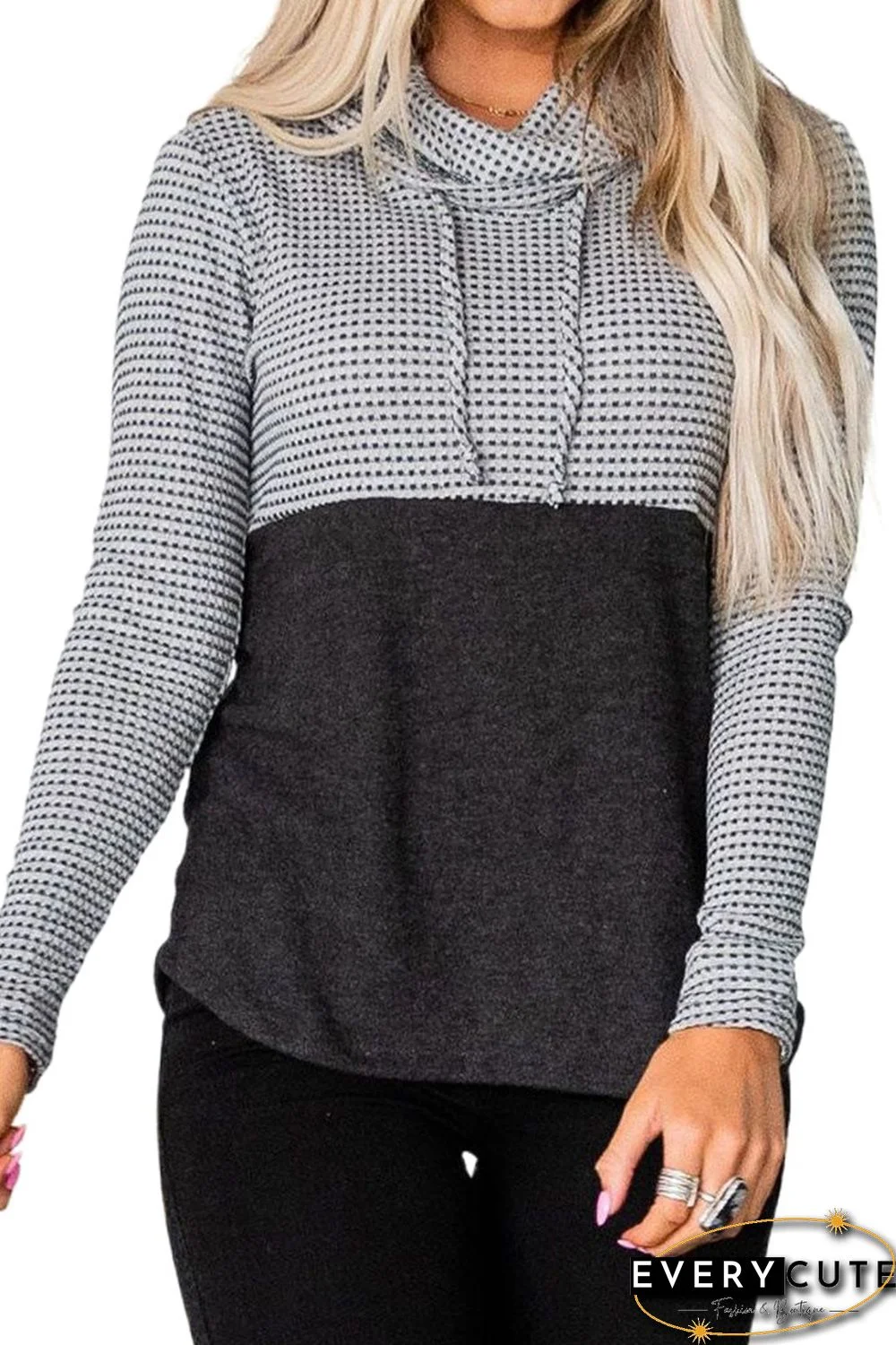 Gray Drawstring Cowl Neck Color Block Sweatshirt