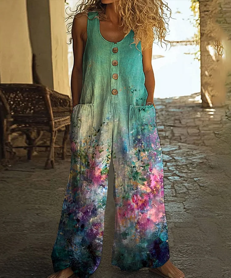 Vintage Floral Art Print Casual Wide Leg Jumpsuit