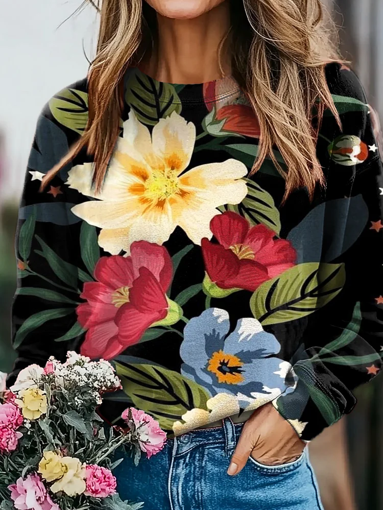 Retro Floral Print Casual Sweatshirt