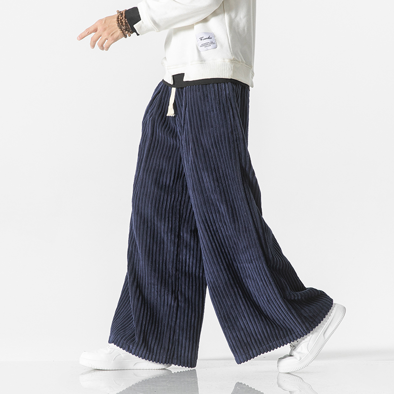 Hairrd Winter Men's Corduroy Cargo Pants Korean Fashion Warm Fleece Wide Leg Straight Pants Male Casual Thermal Trousers Black/Apricot