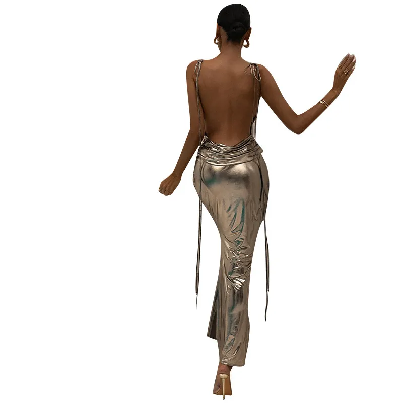 Uveng Party Party Spicy Girls Dress Long Dress Metal-Coated Sexy Back Halter Dress