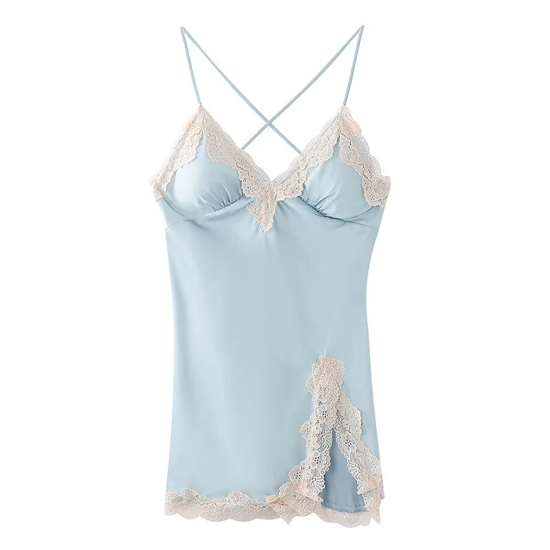 Summer Women Sleepwear Suspender Nightgown  Lace Trim Nightdress Nightwear Backless Mini Home Dress Loose Satin Lou Wear: