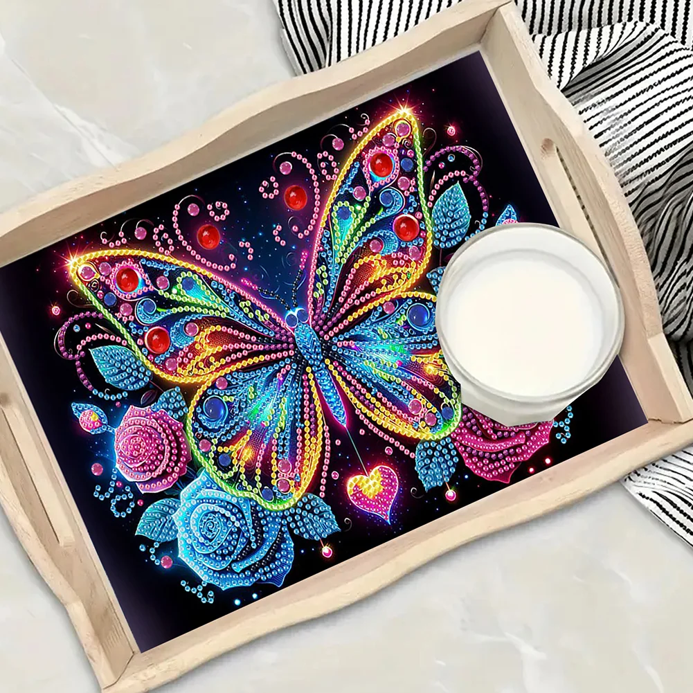 5D DIY Flower Butterfly Diamond Painting Wooden Serving Tray with Handle for Desk