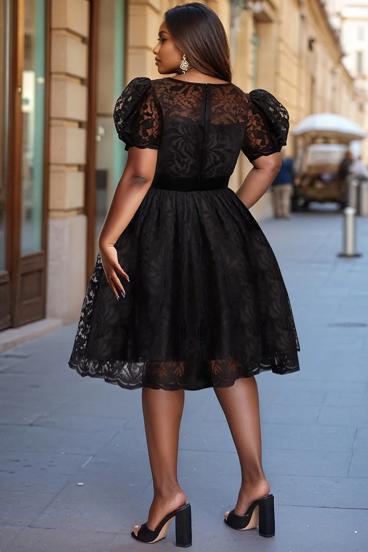 Xpluswear Design Plus Size Cocktail Party Black Elegant Round Neck Puff Sleeve Short Sleeve See Through Lace Midi Dresses [Pre-Order]
