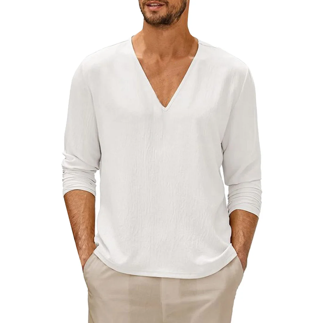 Men's Solid Color Collage Pullover Long Sleeve Casual V-neck T-shirt