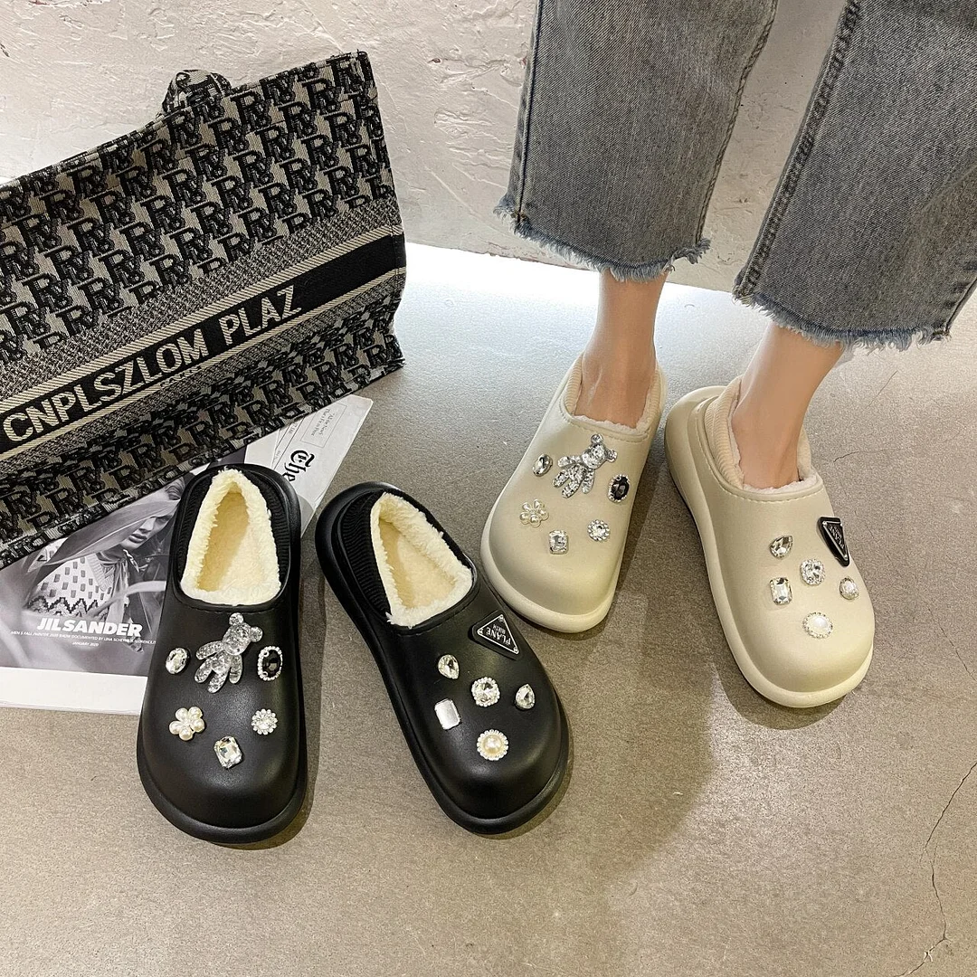 Women Trend Design Slides Hollow Out Shiny Rhinestone Pearl Platform Wedge Heel Round Toe Outdoor Beach Shoes Ladies 2021 NEW