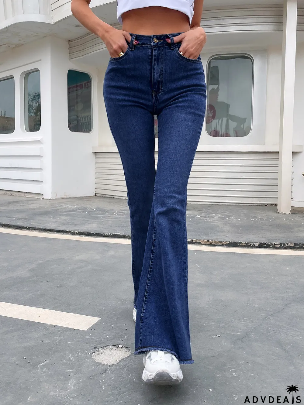 Spring Fall High Waist Wide Leg Stretch Slim Fit Denim Bell Bottom Pants