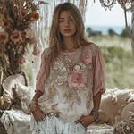 Women's Rose Art Flowy Linen Blend Casual Tops - Image 2