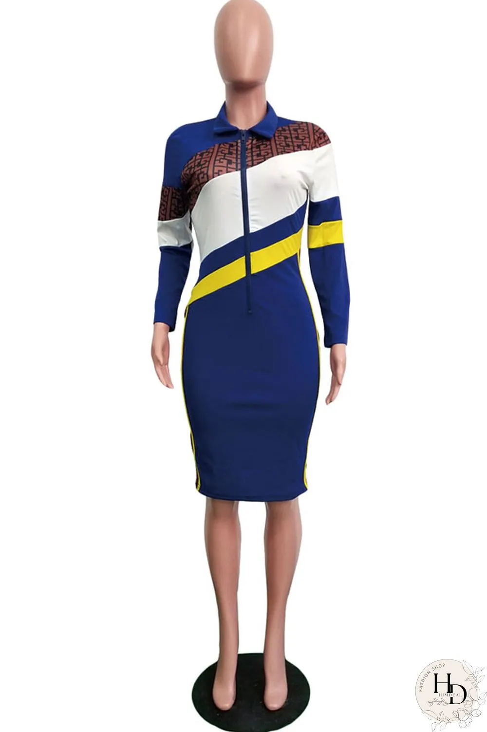 Black Sexy Fashion Cap Sleeve Long Sleeves Turndown Collar Step Skirt Knee-Length chain Patchwork Print C