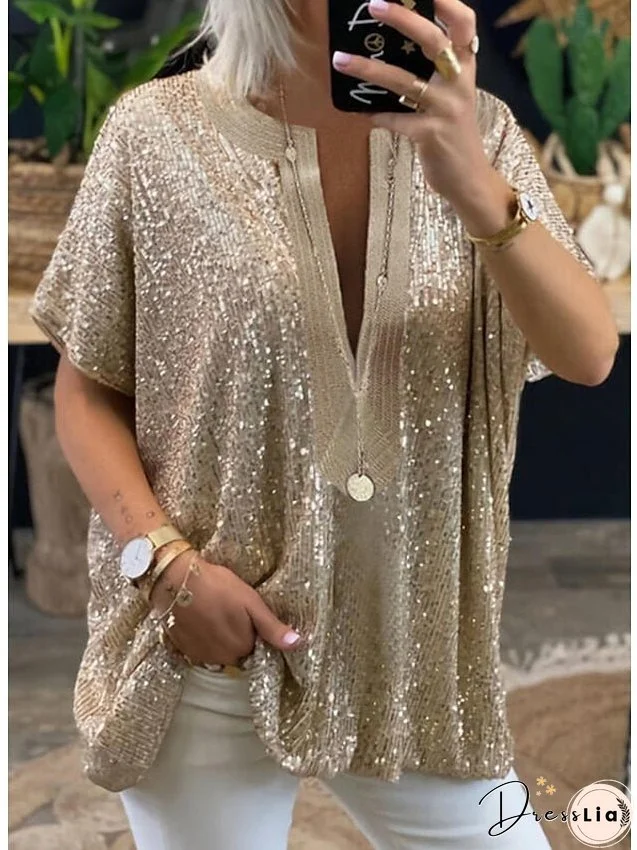 Shirt Blouse Silver Gold Plain Sequins Long Sleeve Casual Weekend Streetwear V Neck Regular S for Women