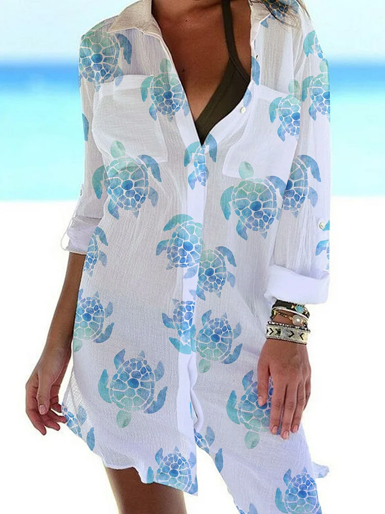 Women's Shirt Dress Watercolor Turtle Pattern Casual Dress Shift Dress Mini Dress