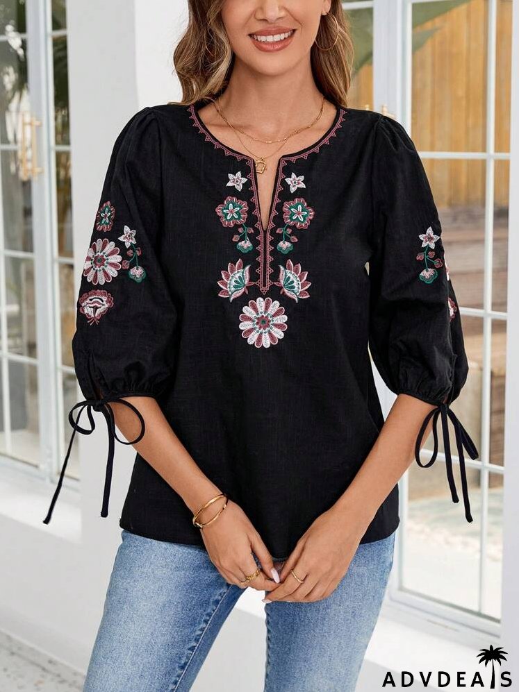 Floral Embroidery Notched Neck Knot Cuff Blouse