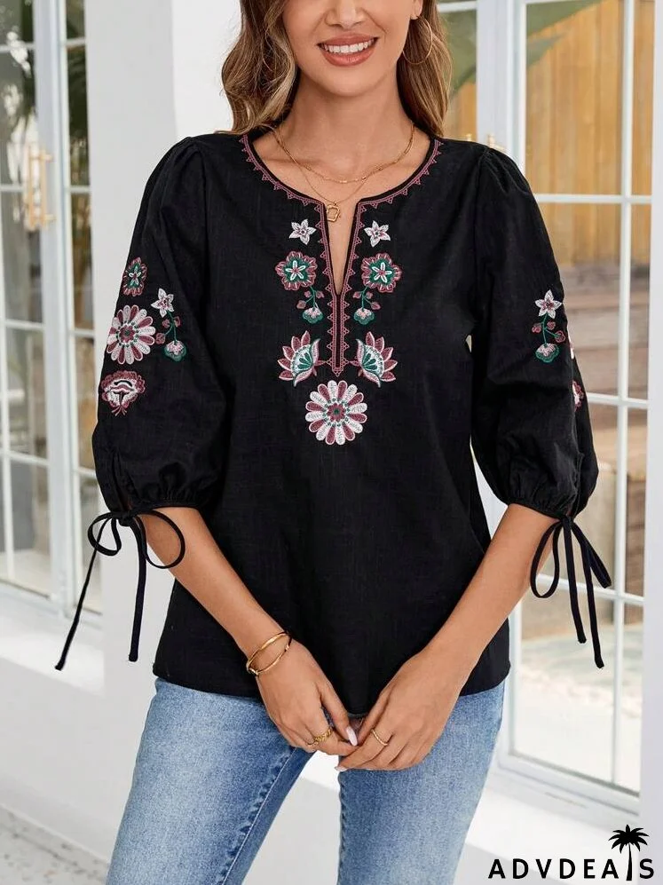 Floral Embroidery Notched Neck Knot Cuff Blouse