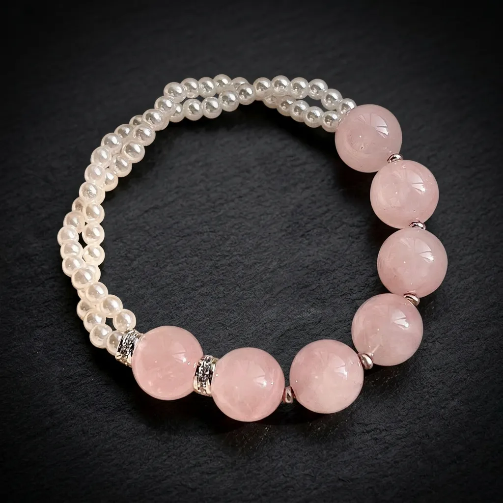 JiStones "Ethereal Glow" Grapefruit Pink Rose Quartz & Pearl Bracelet Grapefruit Pink Quartz & Pearl (11-12mm Beads)