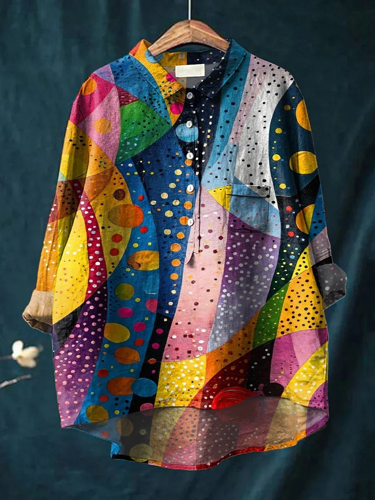 Women's Rainbow Colored Abstract Print Casual Cotton And Linen Shirt