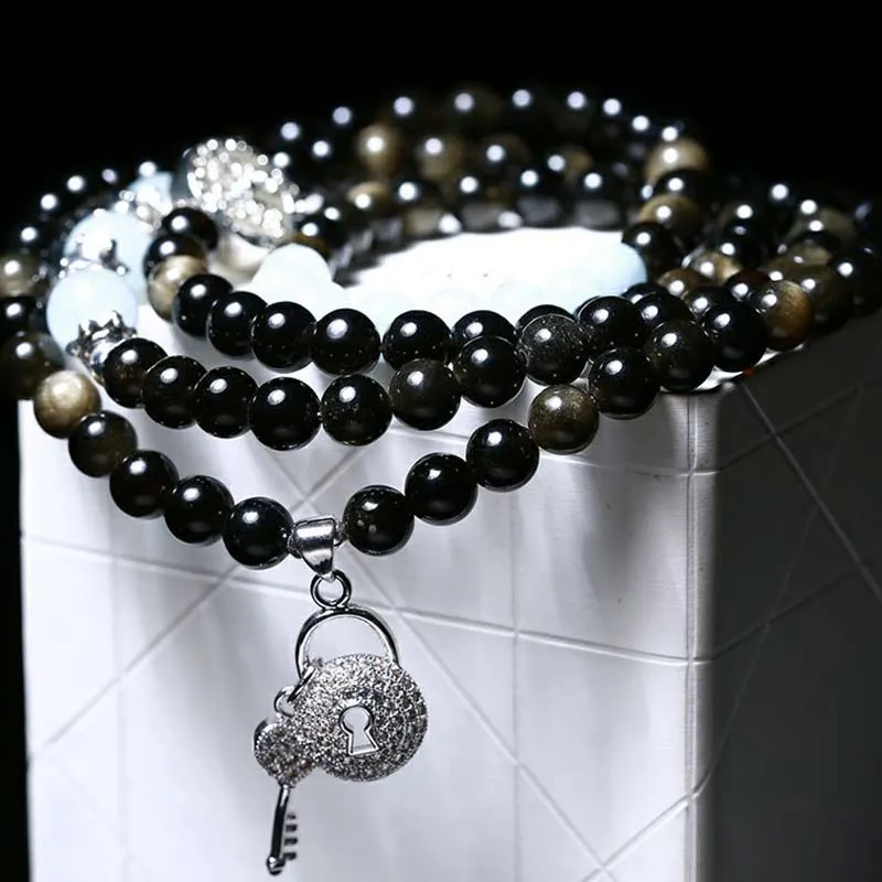 Natural Ice Obsidian Tiger Eye Gourd Bracelet Necklace Mala