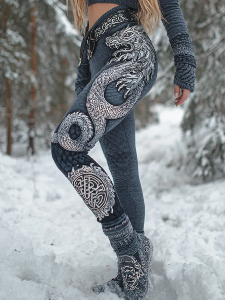 Retro Celtic Style Woman's Knitted Tight-fitting Leggings With Coiled Dragon Knot