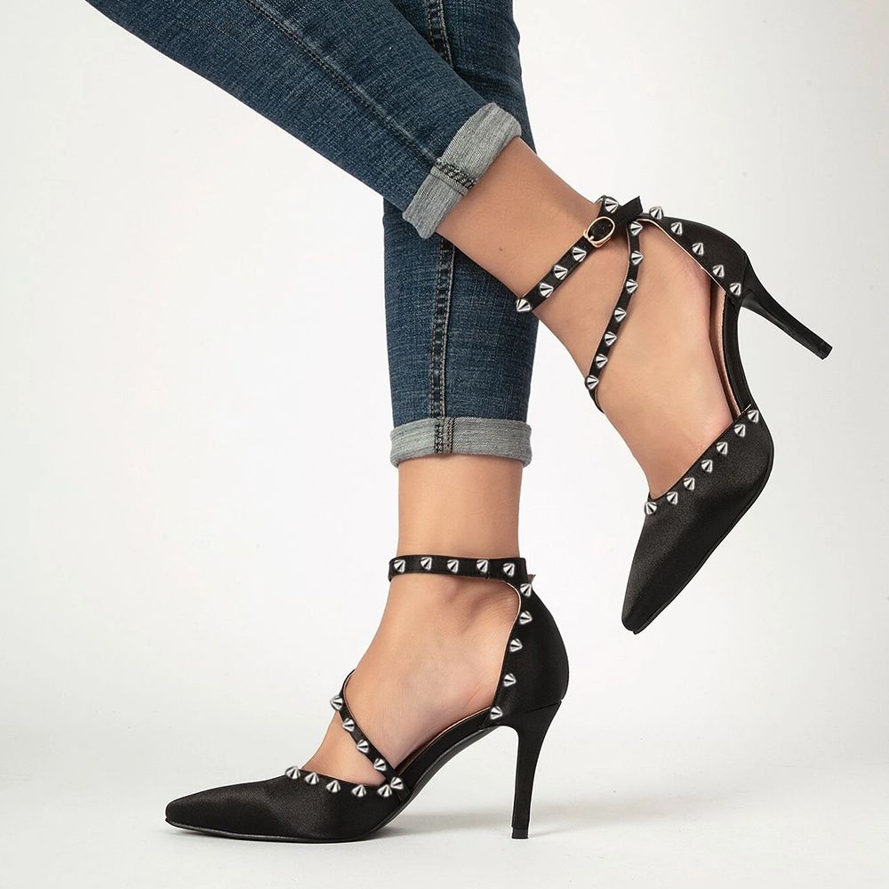 Black Satin 3 Inch Stiletto Heel Ankle Strap Pumps Shoes with Rivets Nicepairs