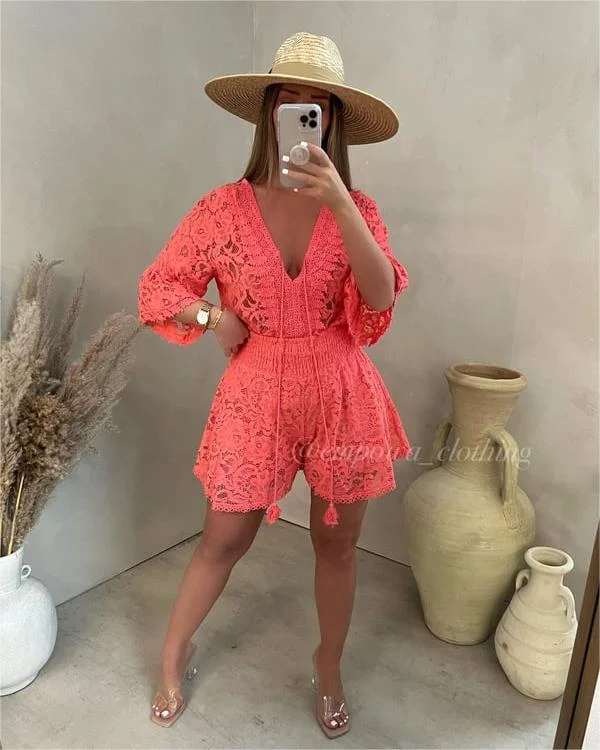 💥 Casual short V-neck lace suit💕