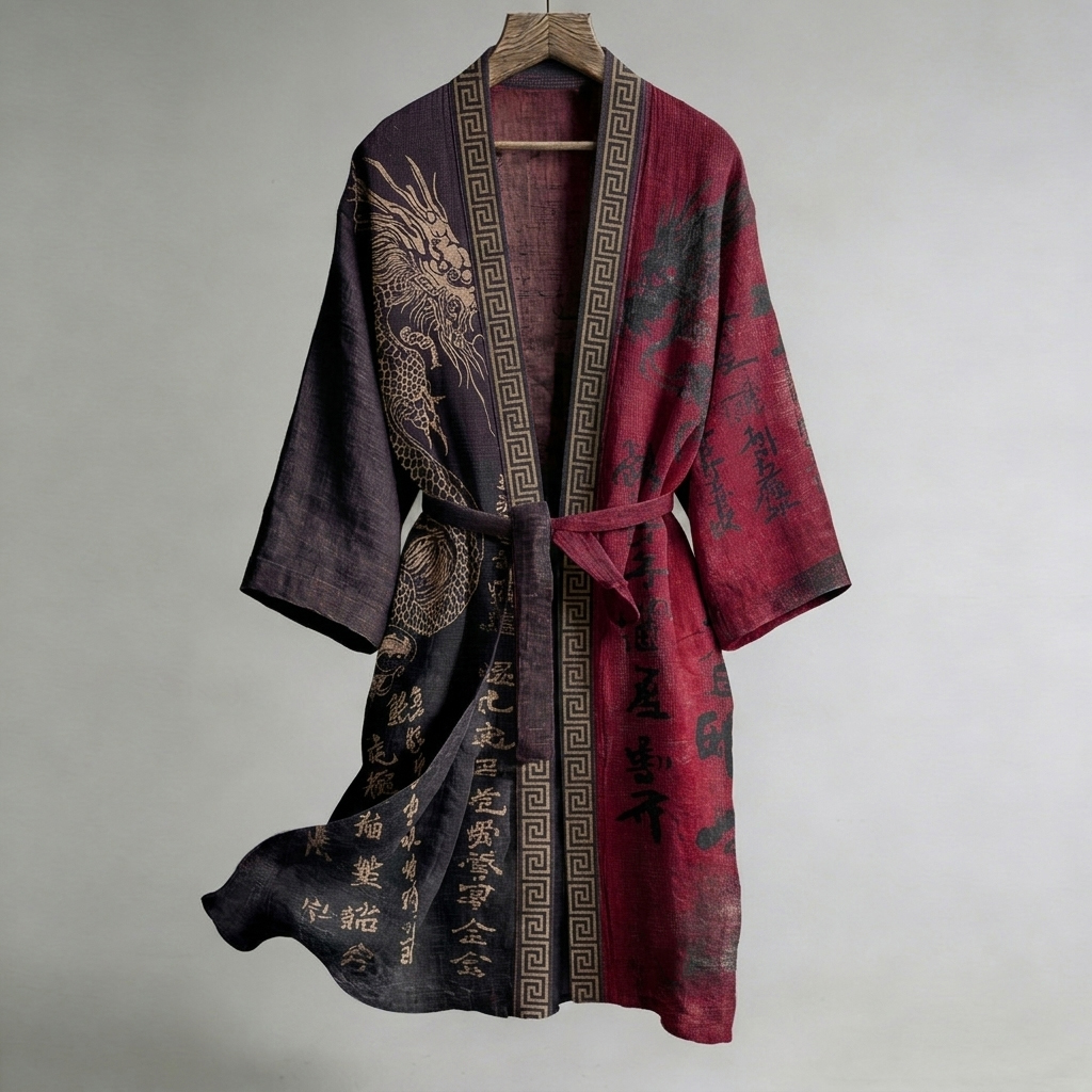 Japanese Calligraphy And Dragon Art Combined In A Linen Blend Kimono  artssus