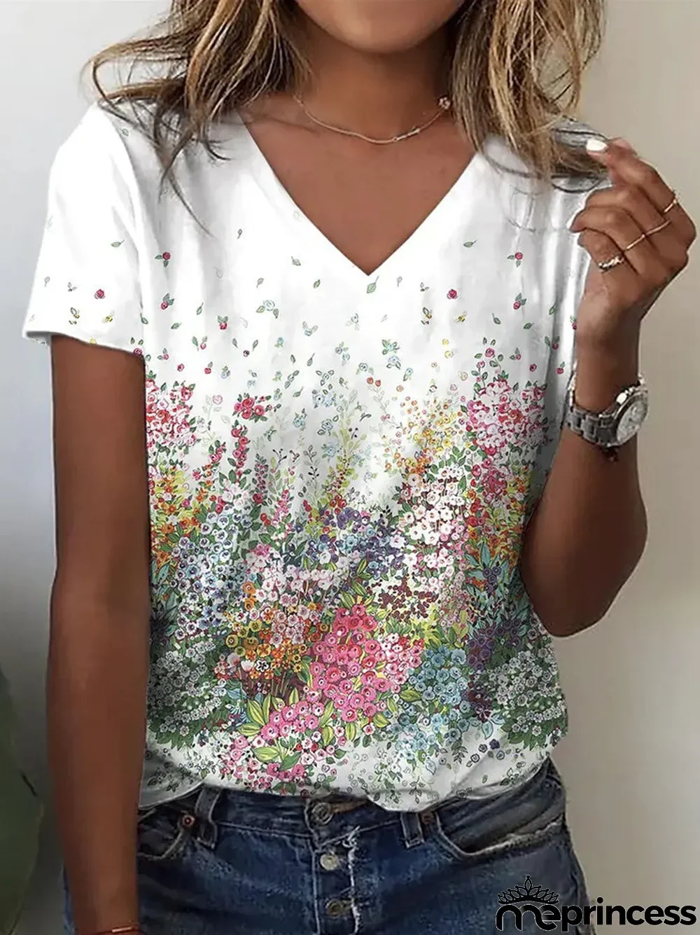 Women's Floral Printed Short Sleeve V-neck Top