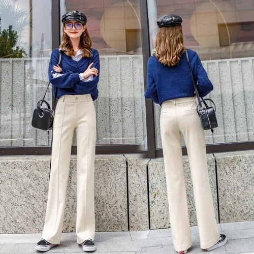 woolen wide leg pants women flare trousers 2019 winter high waist Pantalon casual female pants Solid loose womens legs trousers