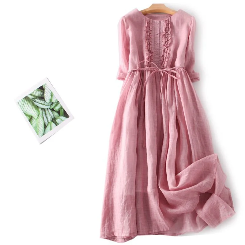 Round Neck Lace Up Waist Length Travel Vacation Dress