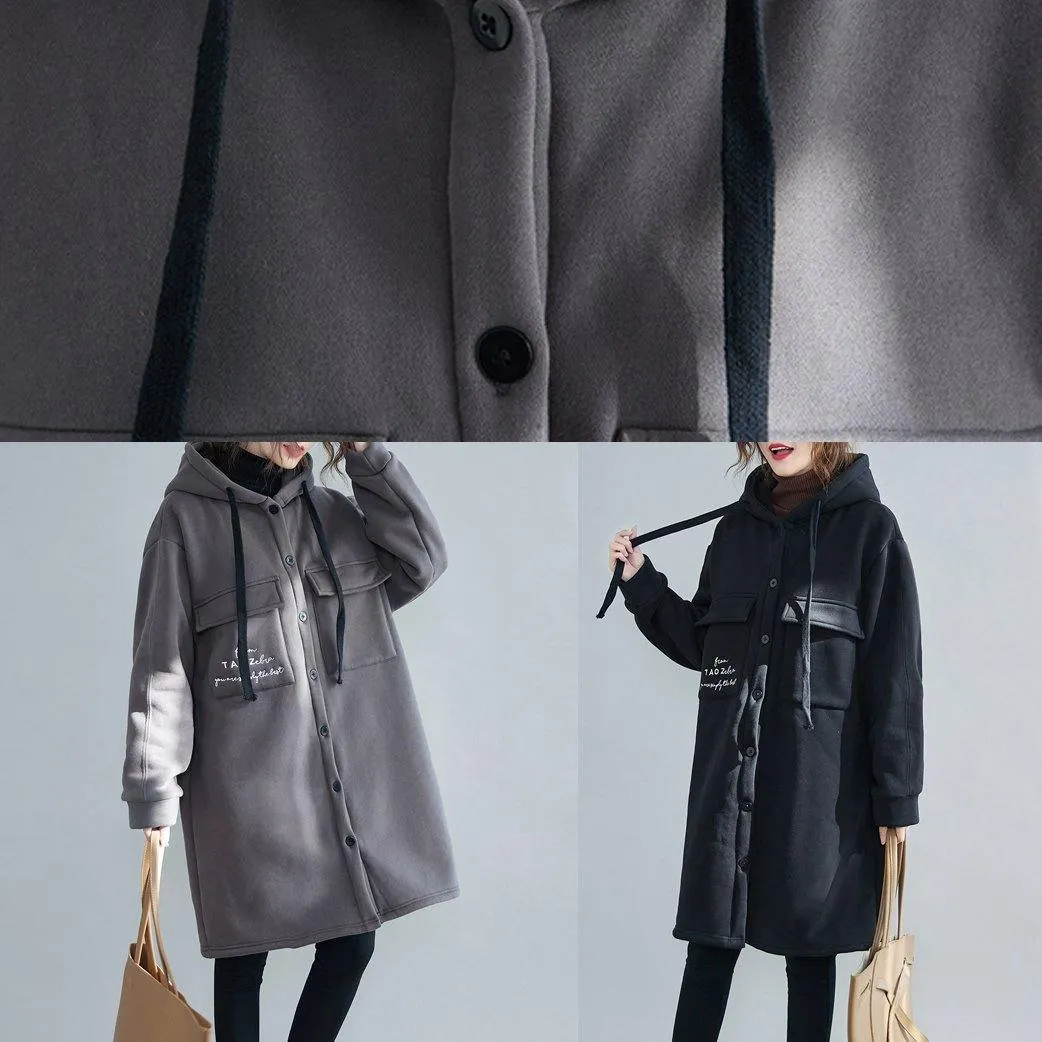 Fine gray embroidery women parka oversize winter jacket hooded pockets outwear