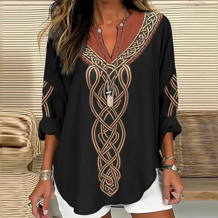 VChics Women's Viking Celtic Knot Art Linen Print Casual Shirt