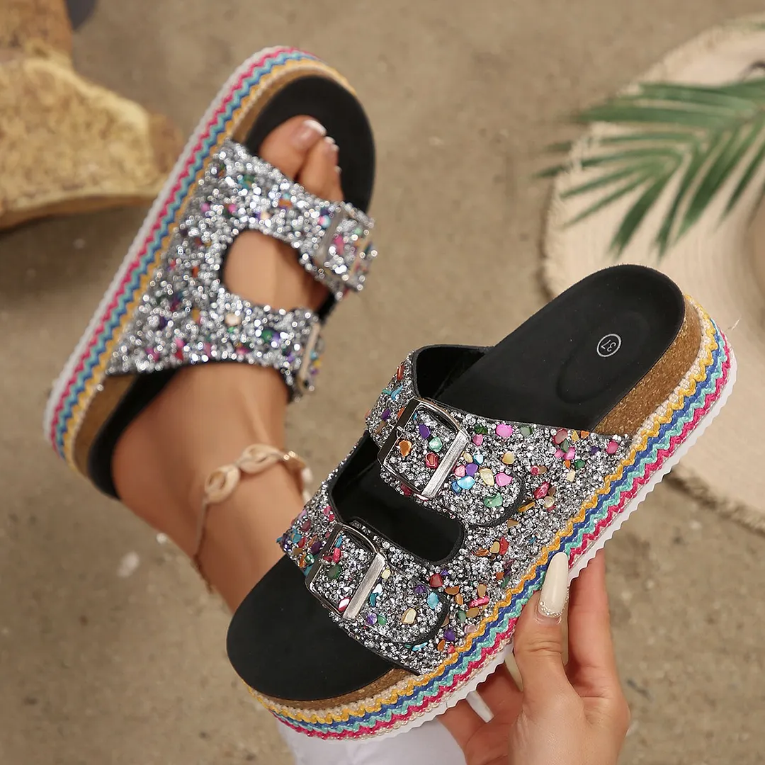 Breakj Breakj Fashion Thick-Bottomed Slippers Double Buckle Wearing Beach Corks Duke Bin Buckle Cold Slippers
