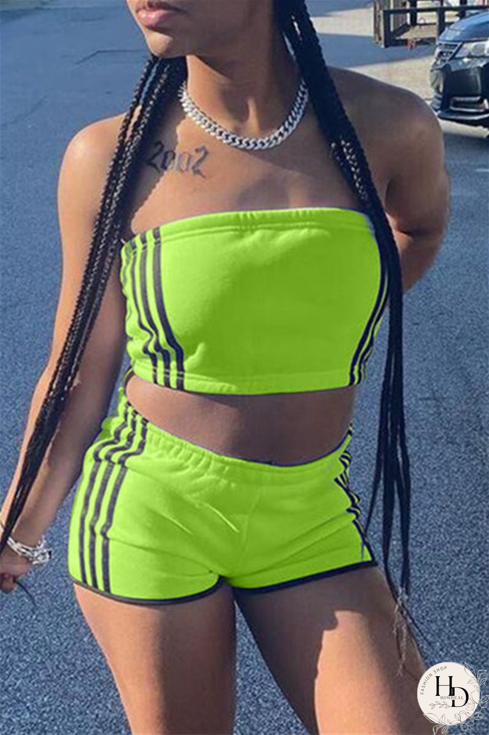 Black Sexy Casual Striped Split Joint Backless Strapless Sleeveless Two Pieces
