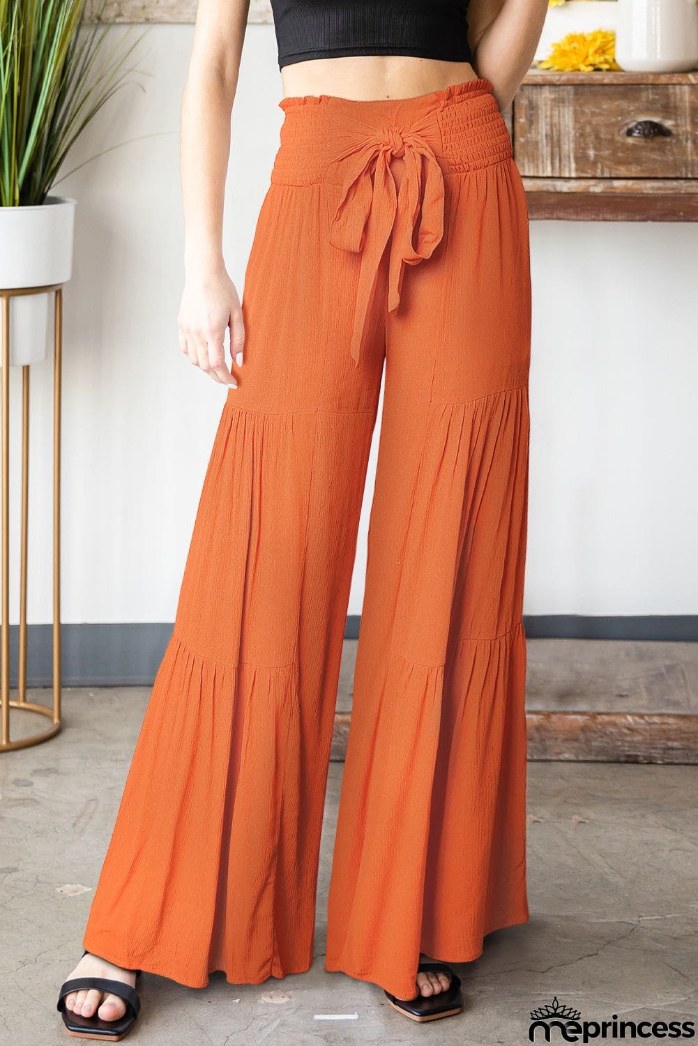 Tied Smocked Waist Tiered Culottes